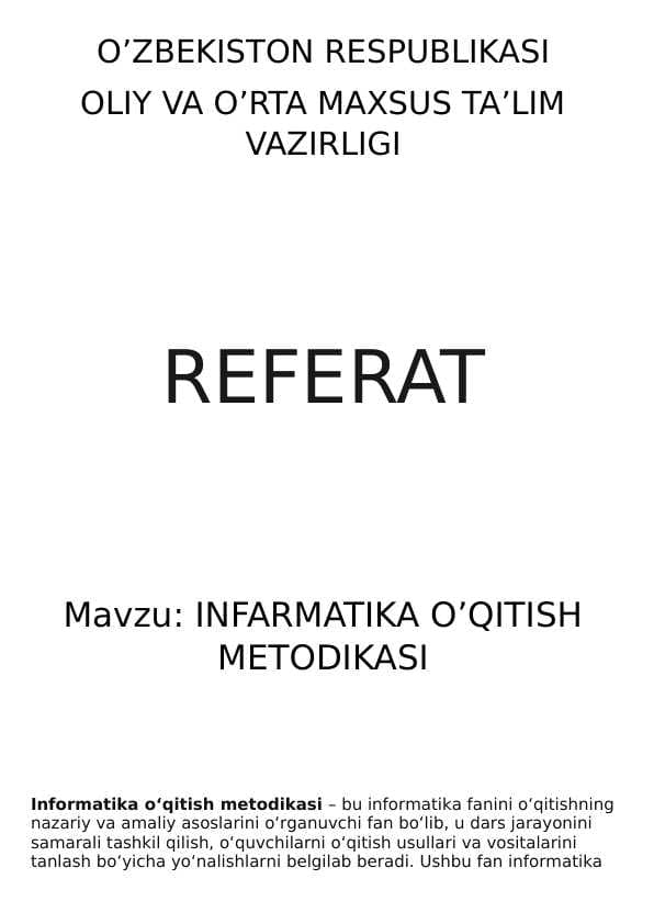INFORMATIKA O’QITISH METODIKASI