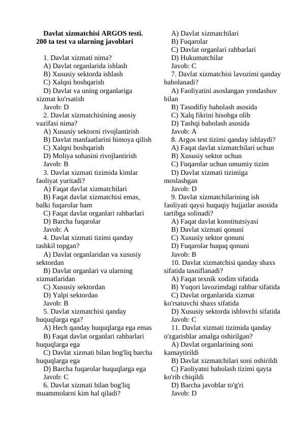 yangi ARGOS test 200 ta javoblari bn
