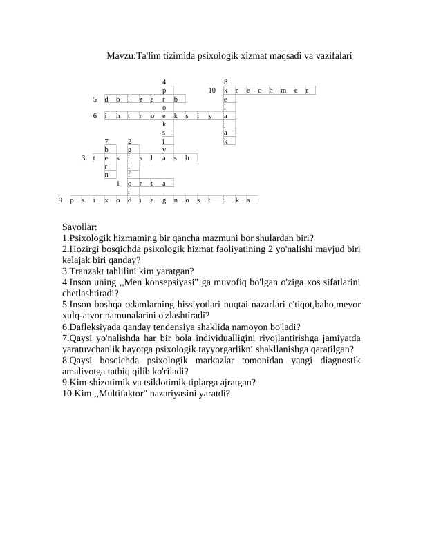 Ta'lim tizimida psixologik xizmat maqsadi va vazifalari krossvord