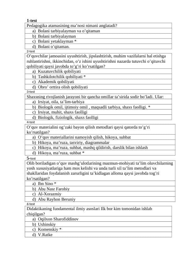 umumiy pedagogika test