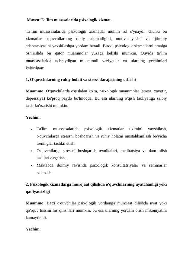 Ta'lim muassasalarida psixologik xizmat muammoli vaziyat