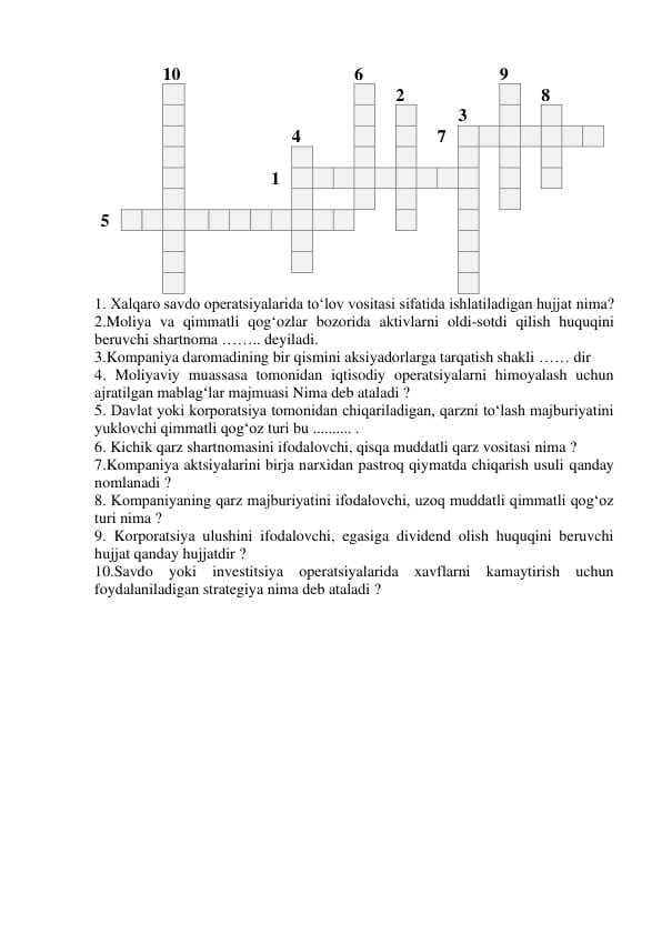 moliya,iqtisodiyot,bank haqida 10 talik test javoblari bilan