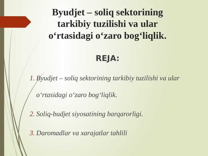 Byudjet – soliq sektorining tarkibiy tuzilishi va ular o‘rtasidagi o‘zaro bog‘liqlik.