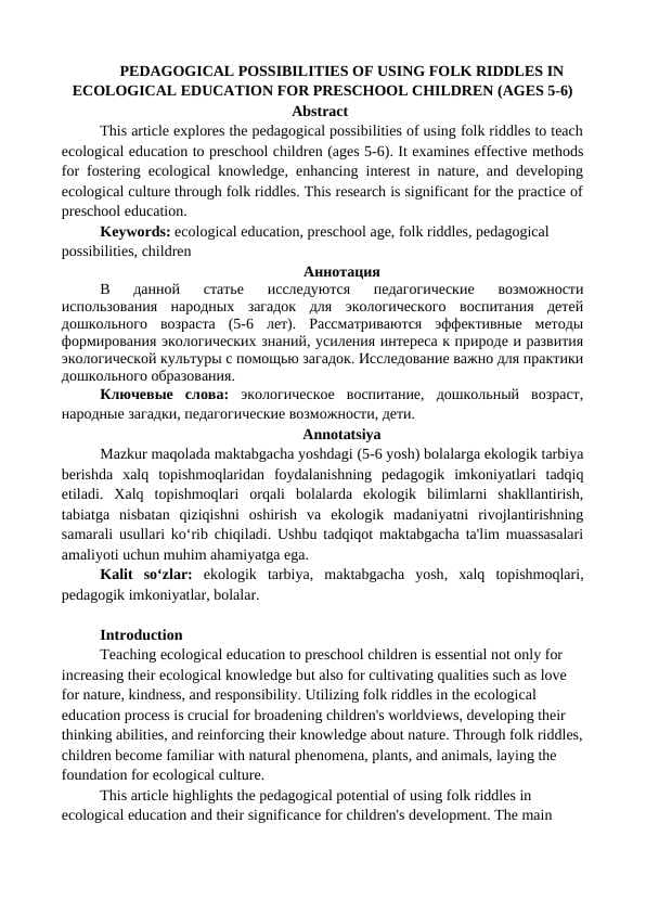 maqola PEDAGOGICAL POSSIBILITIES OF USING FOLK RIDDLES IN ECOLOGICAL EDUCATION FOR PRESCHOOL CHILDREN (AGES 5-6)