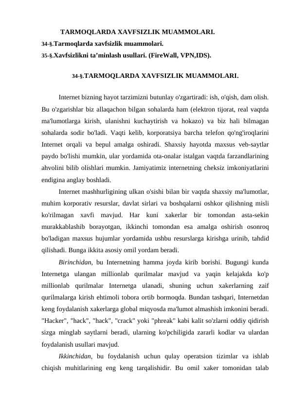 TARMOQLARDA XAVFSIZLIK MUAMMOLARI