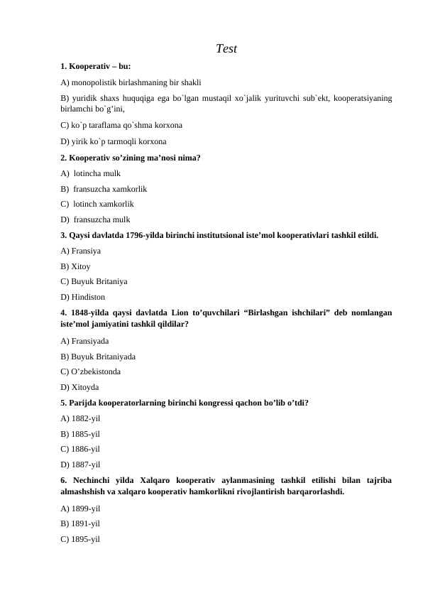Kooperatsiya fanidan testlar