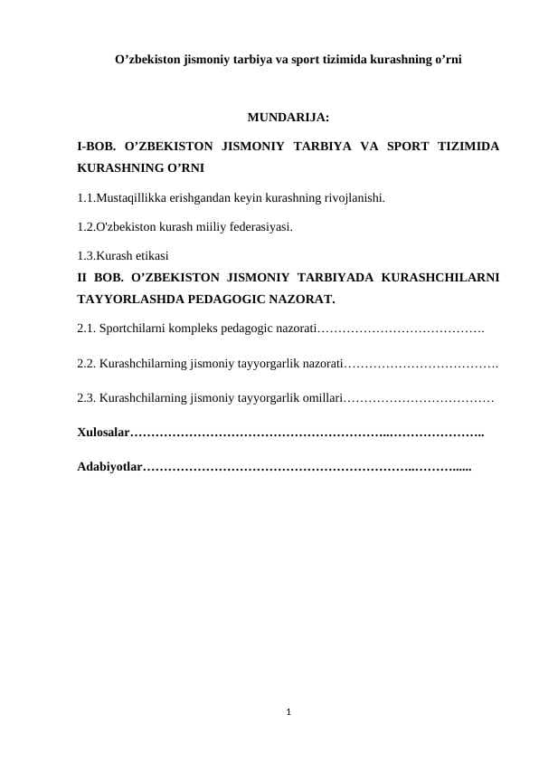 O’zbekiston jismoniy tarbiya va sport tizimida kurashning o’rni