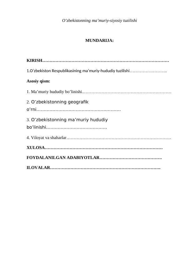 O’zbekistonning ma’muriy-siyosiy tuzilishi