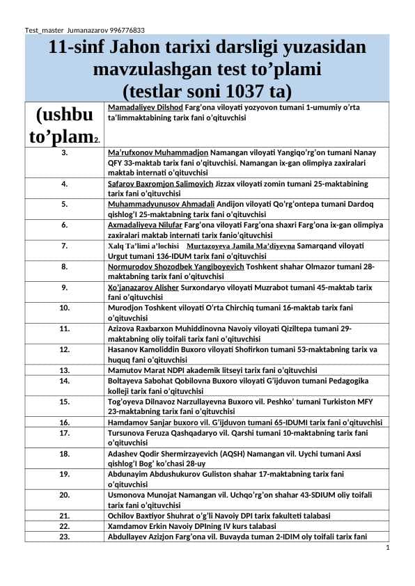 11-sinf Jahon tarixi darsligi yuzasidan mavzulashgan test to’plami 
(testlar soni 1037 ta)