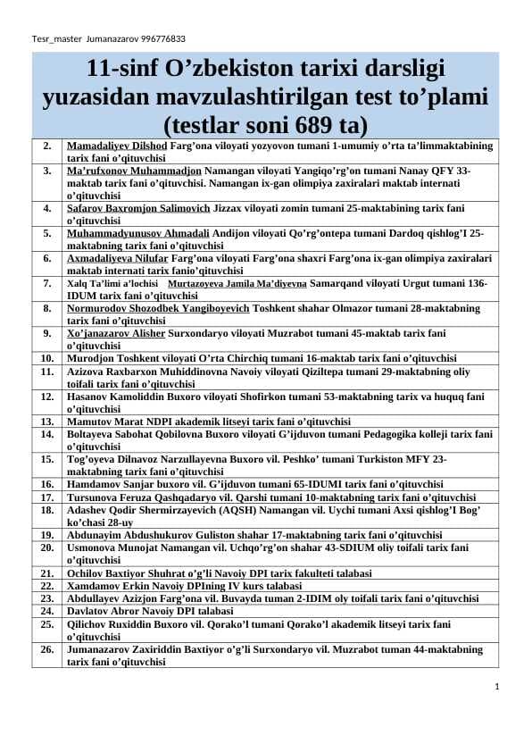 11-sinf O’zbekiston tarixi darsligi yuzasidan mavzulashtirilgan test to’plami  (testlar soni 689 t