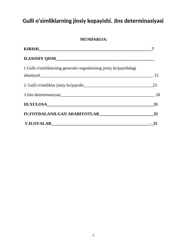 Gulli o'simliklarning jinsiy kopayishi. Jins determinasiyasi
