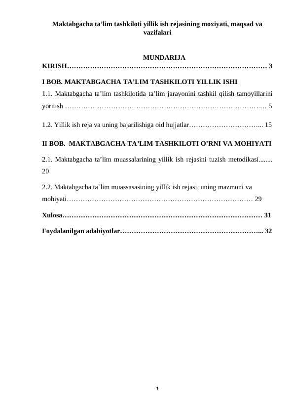 Maktabgacha ta’lim tashkiloti yillik ish rejasining moxiyati, maqsad va vazifalari