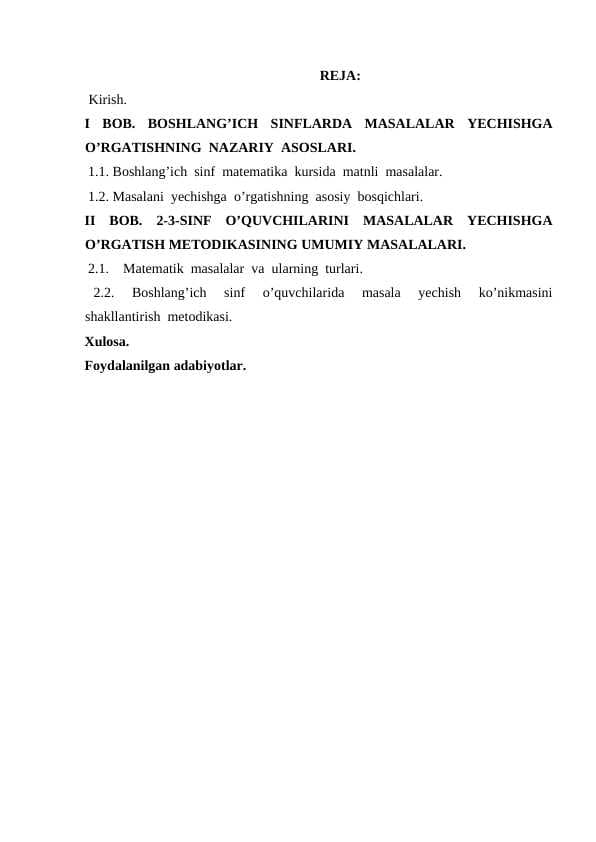 BOSHLANG’ICH SINFLARDA MASALALAR YECHISHGA O’RGATISHNING  NAZARIY  ASOSLARI.