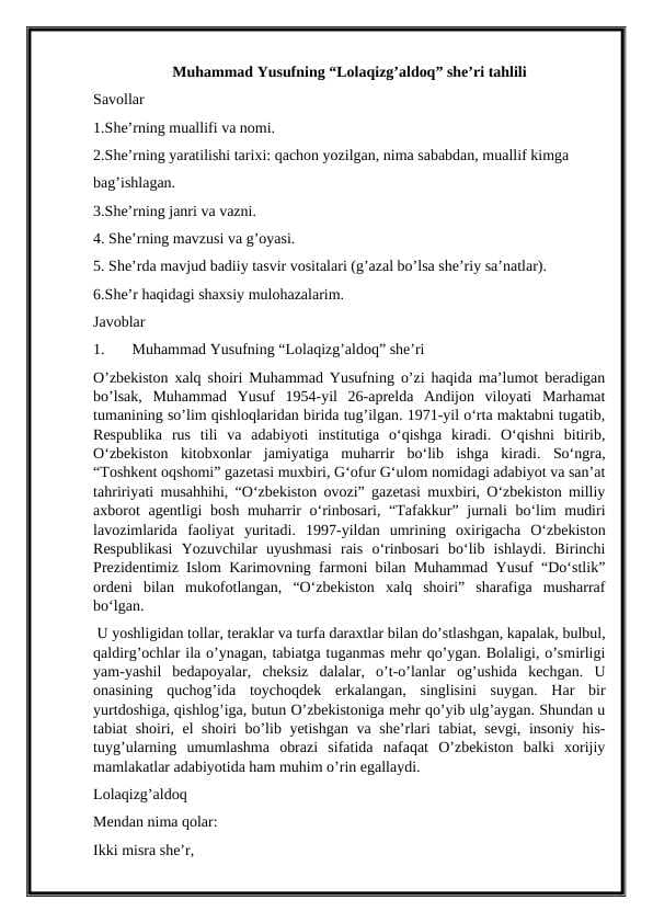 “Lolaqizg’aldoq” she’ri tahlili - Muhammad Yusufning