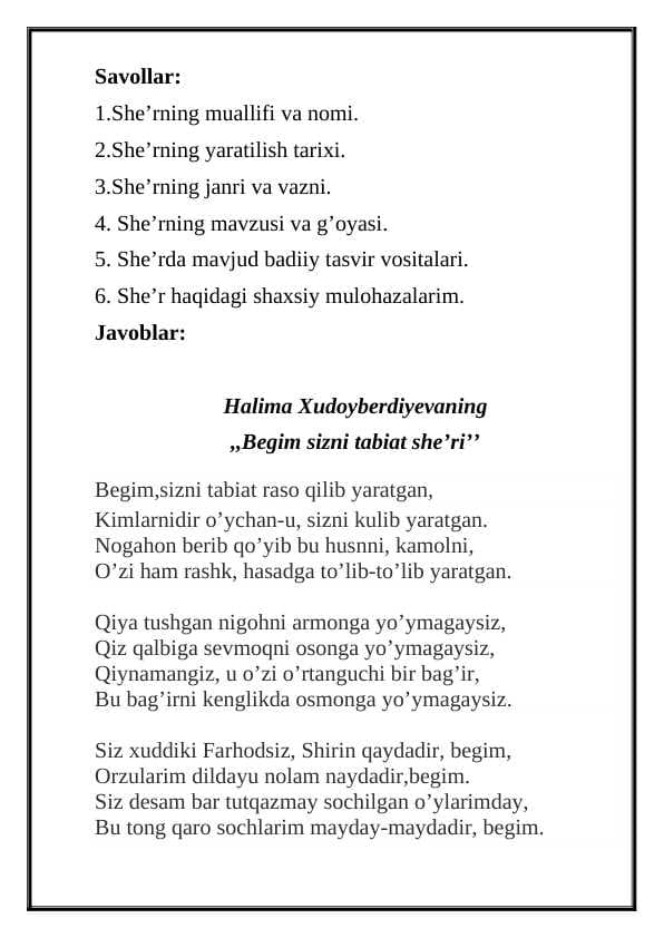 Begim sizni tabiat she’ri tahlili - Halima Xudoyberdiyeva