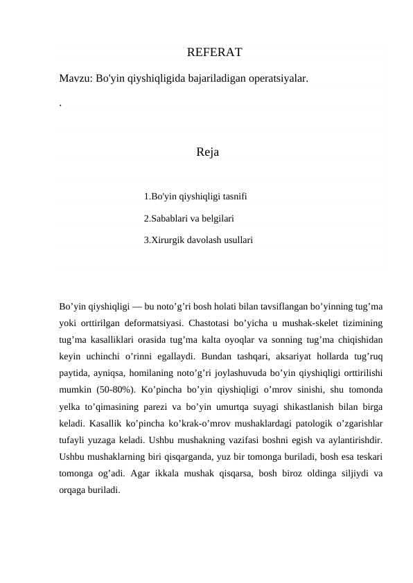 Bo'yin qiyshiqligida bajariladigan operatsiyalar