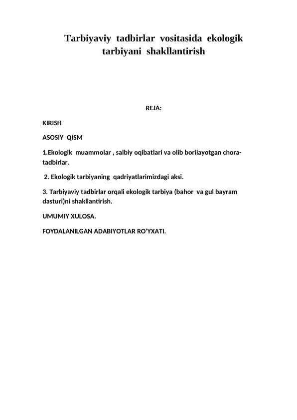 Tarbiyaviy  tadbirlar  vositasida  ekologik  tarbiyani  shakllantirish