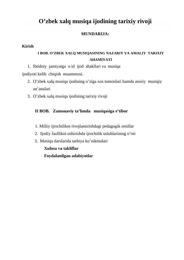 O’zbek xalq musiqa ijodining tarixiy rivoji