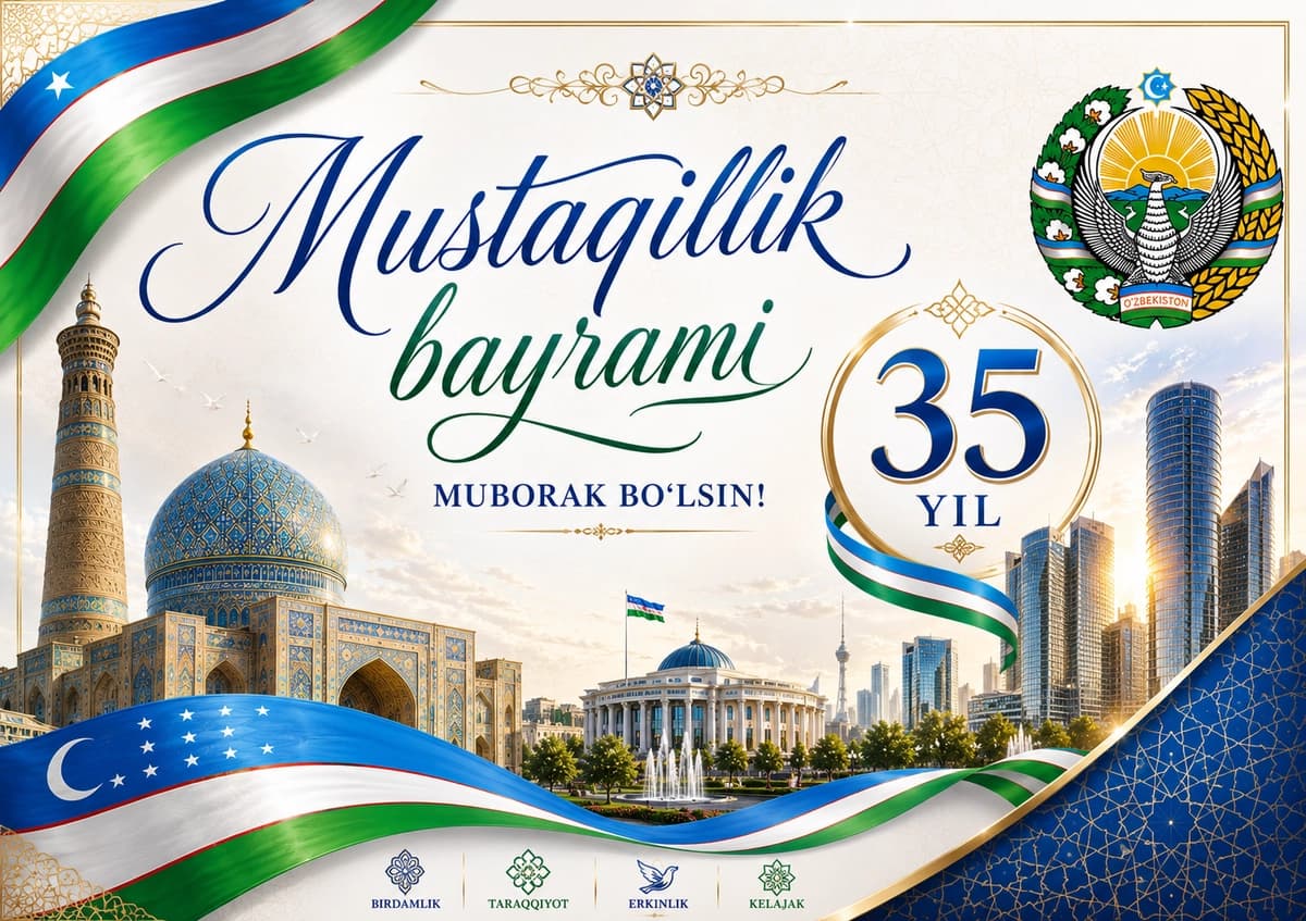 O‘zbekiston Mustaqillik Bayrami — 35 Yillik Muborak Tabriknoma Dizayni