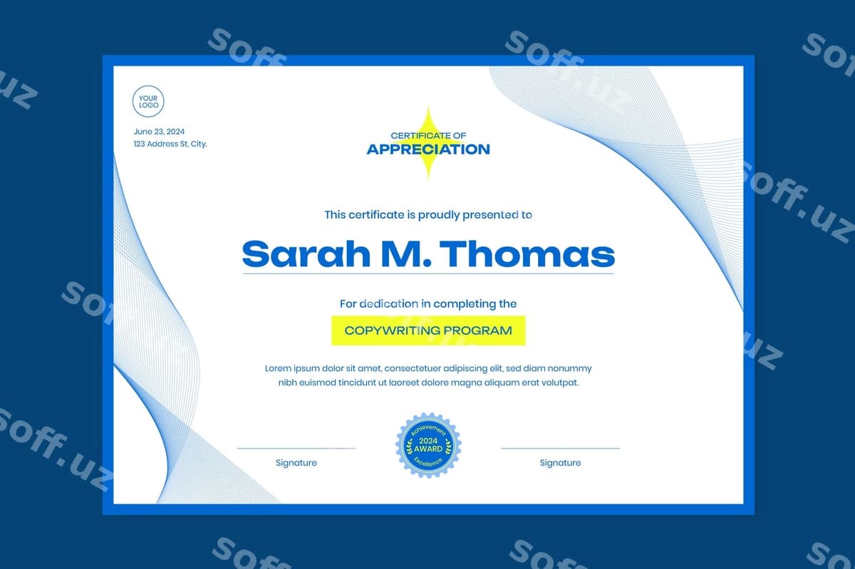 Oddiy guvohnoma baholash shabloni | Flat certificate appreciation template