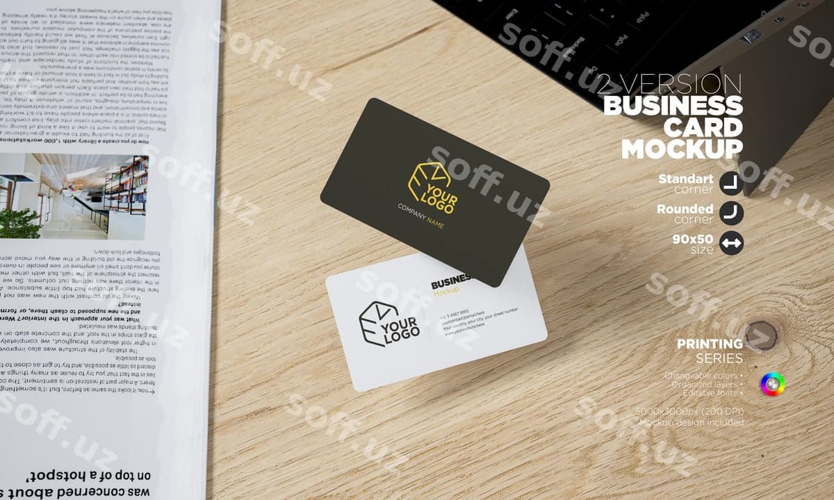 Suzuvchi horizontal biznes kartochkalar namunasi | Floating horizontal business cards mockup
