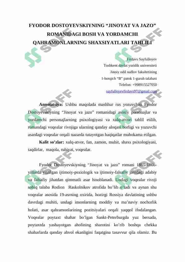 Fyodor Dostoyevskiyning "Jinoyat va jazo" romanidagi asosiy qahramonlar tahlili  maqola