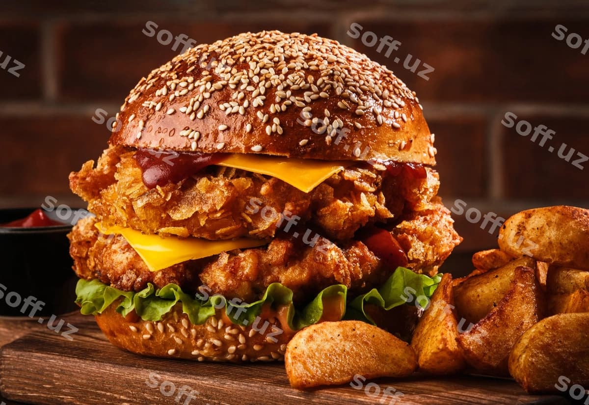 Taze shirin uyda tayyorlangan burger yog'och stol | Fresh tasty homemade burger wooden table