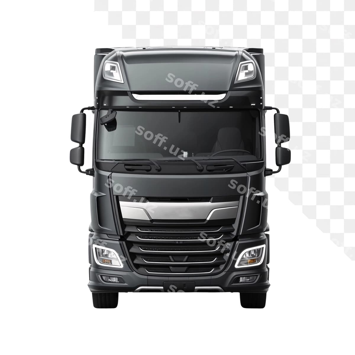 Oldindan ko'rinish zamonaviy qora yarim yuk avtomobili | Front view modern black semi truck