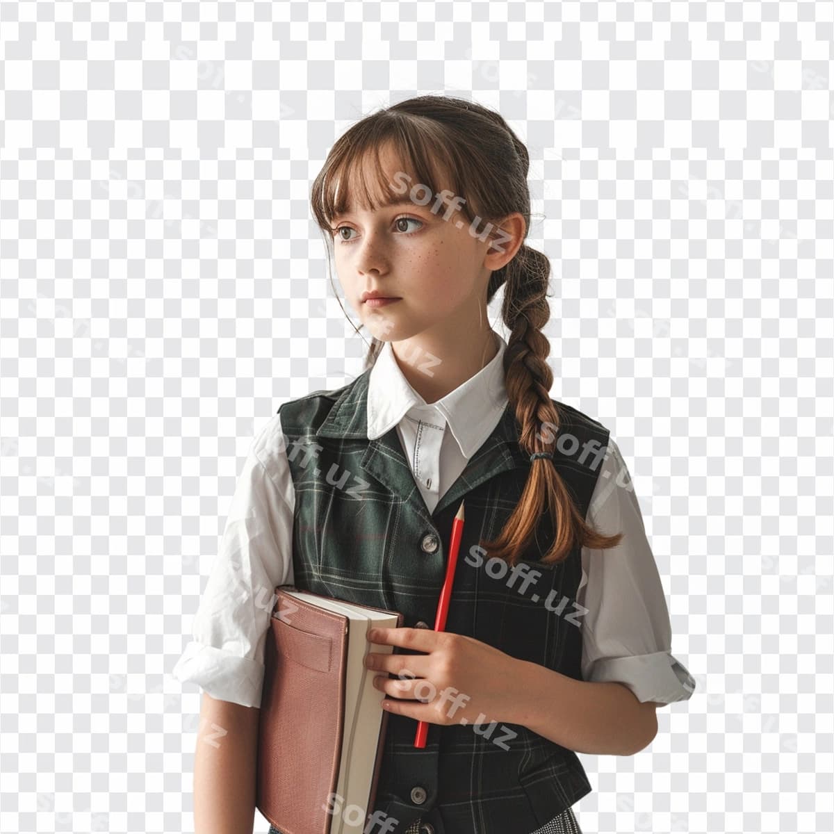 “Maktab” degan kitob tutgan qiz | Girl with book that says school