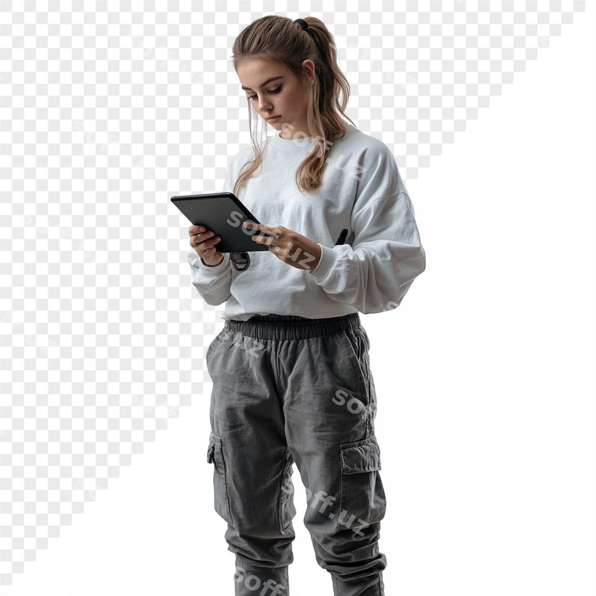 Qiz tablet bilan uning qo'lida so'z uni | Girl with tablet her hand word it