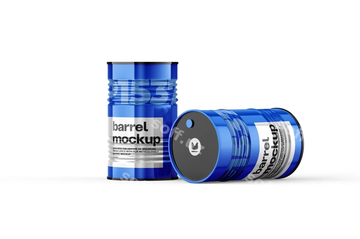 Metallik yogʻochi sharobi mockup | Glossy metal oil barrel mockup