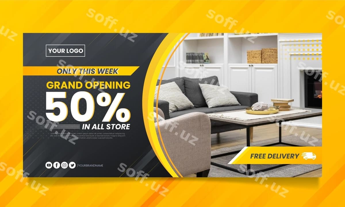 Gradientli mezel sotuvi baneri foto bilan | Gradient furniture sale banner with photo