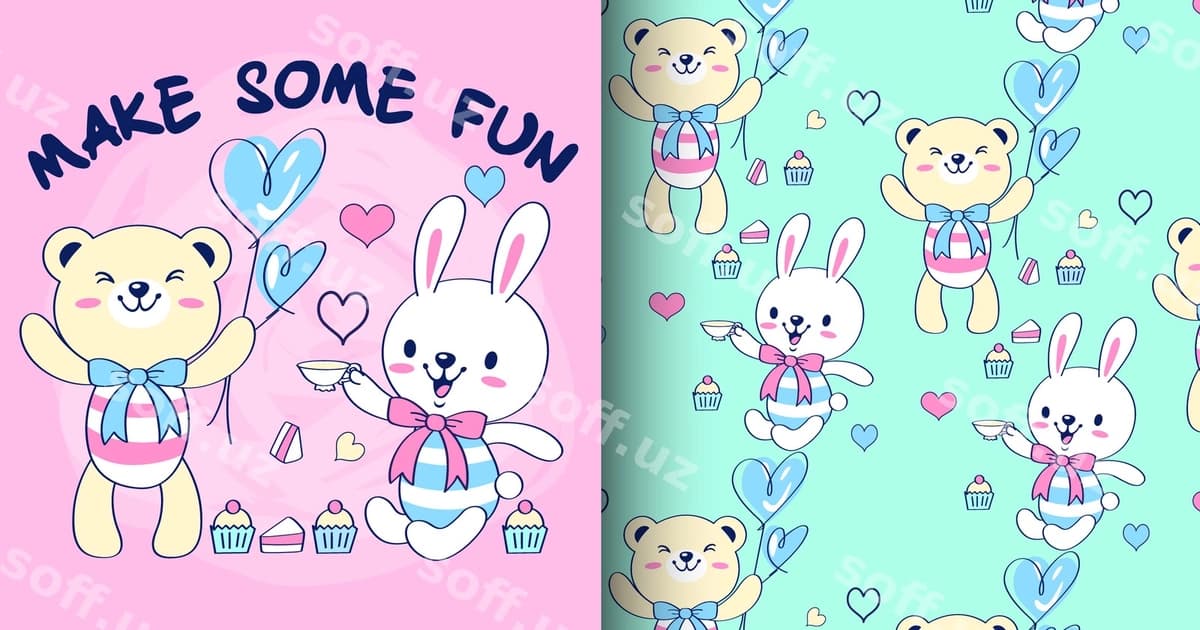 Qol qozonatilgan sevimli ayiq-tulki namuna kartochkasi | Hand drawn cute bear rabbit pattern card