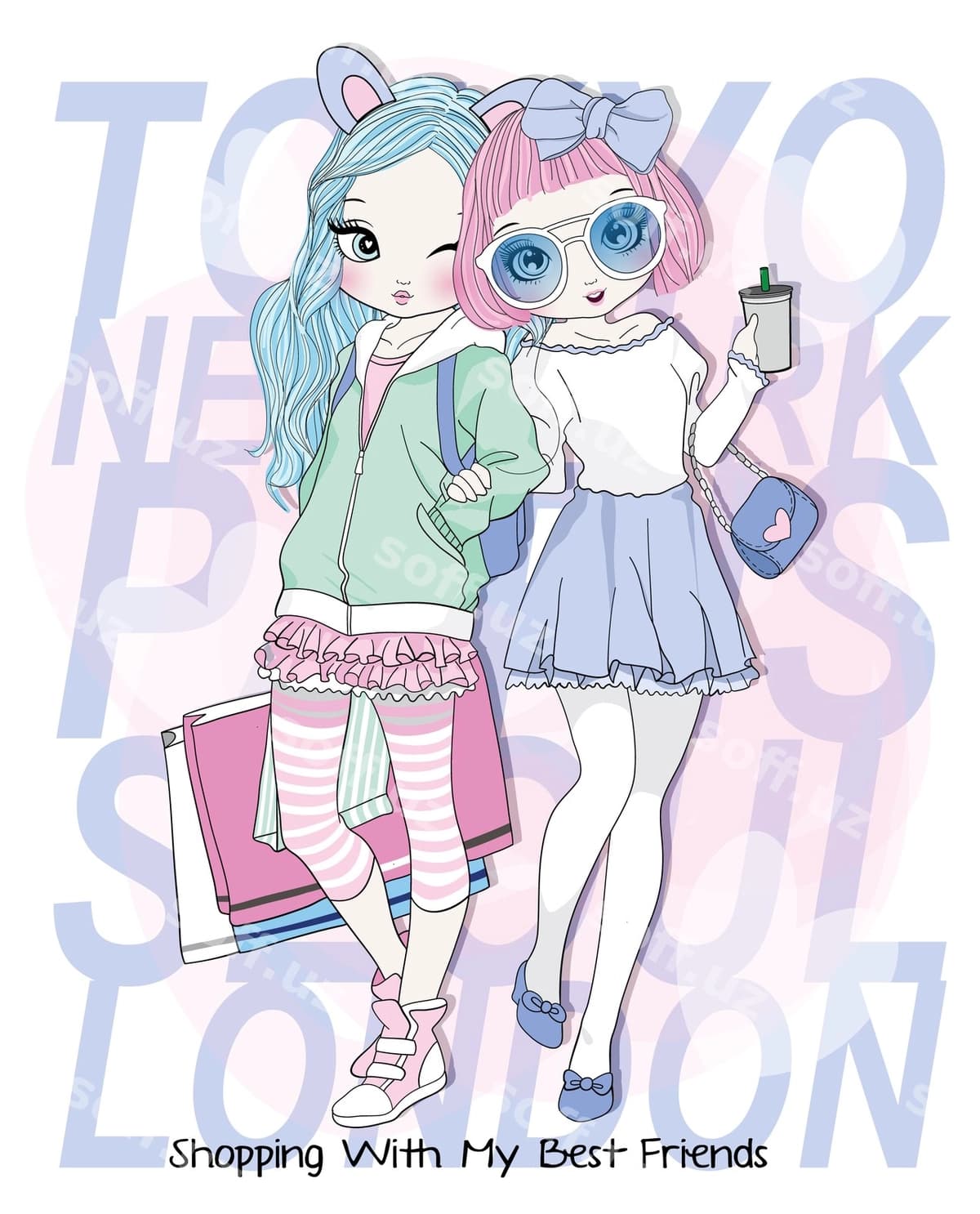 Qo'l bilan chizilgan gozal qizlar xarid qilish | Hand drawn cute girls shopping