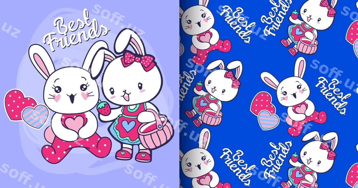 Qo'l bilan chizilgan chiroyli tulki naqsh komplekti | Hand drawn cute rabbit pattern set