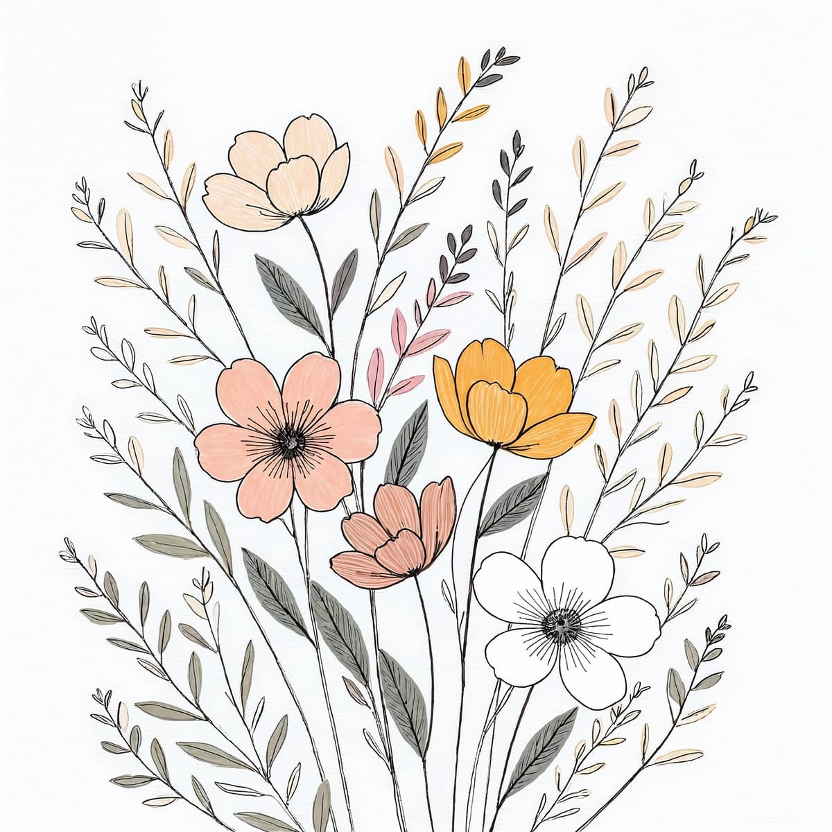 Qo'lda chizilgan guldastali rasm | Hand drawn floral bouquet illustration