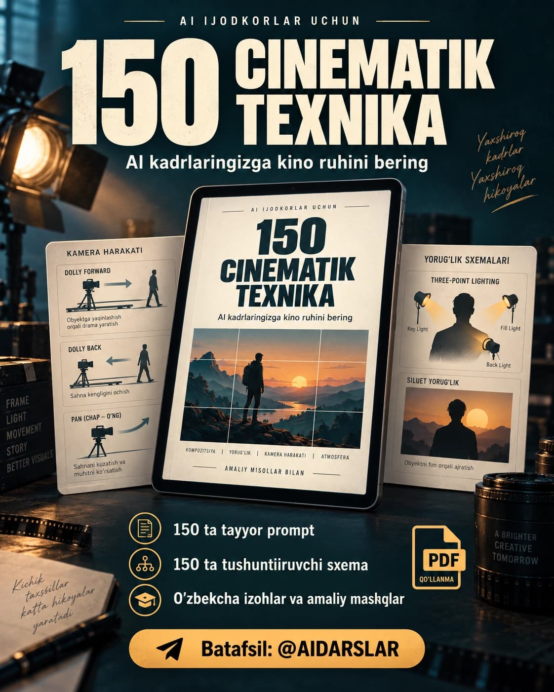 150 cinematik texnika. AI rasm va video uchun tayyor promptlar va o‘zbekcha qo‘llanma