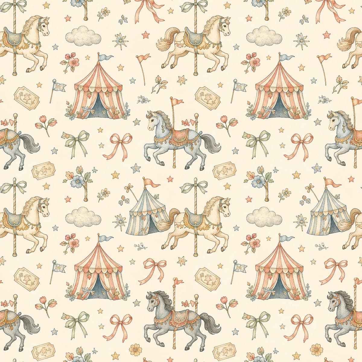 Akvarel uslubidagi retro karusel va sirk seamless pattern (2D Vektor)