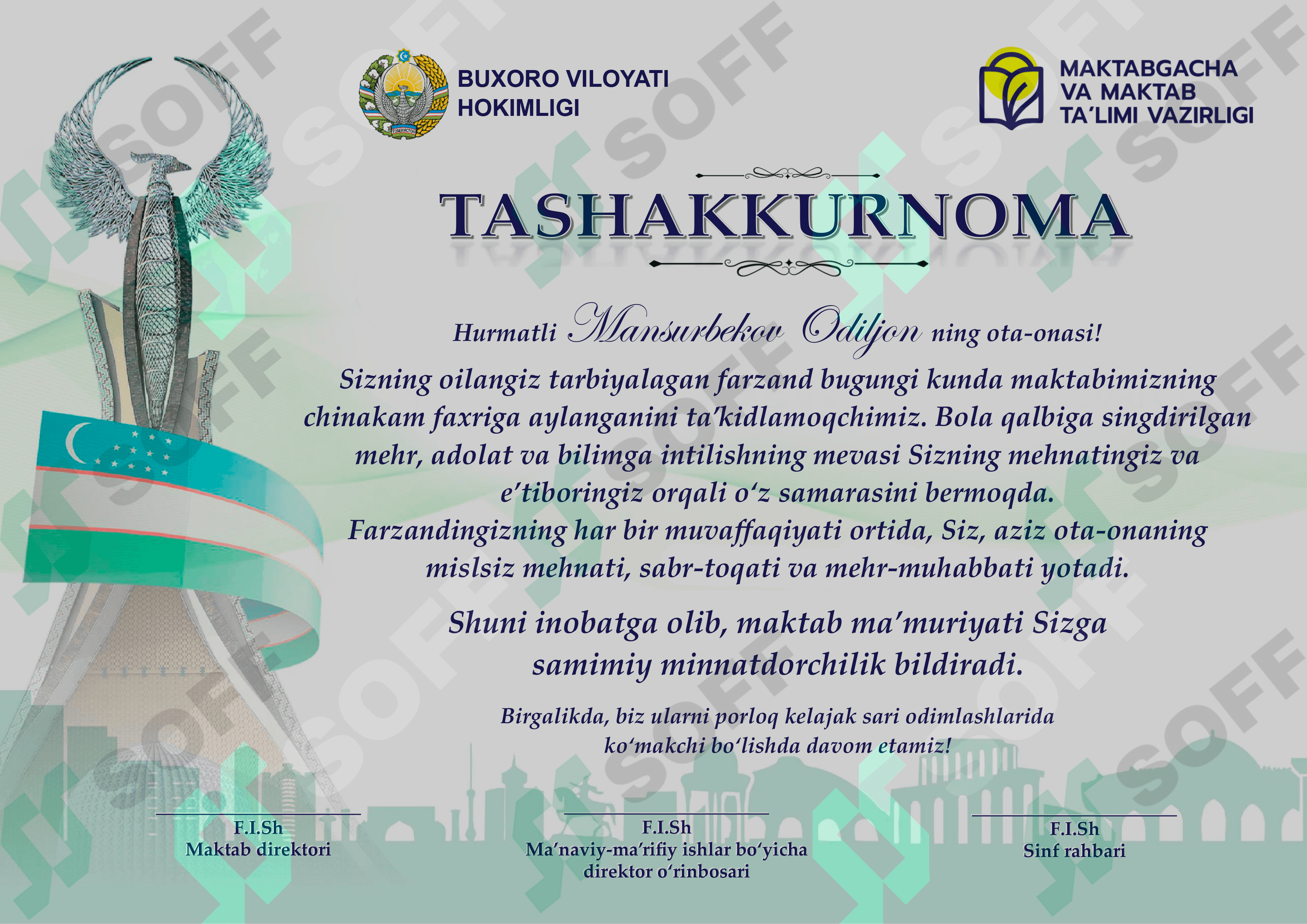 Tashakkurnoma shablon Word