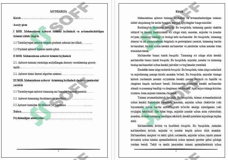 Mehmonxona axborot tizimini loyihalash va avtomatlashtirilgan dastur ta’minotini ishlab chiqish