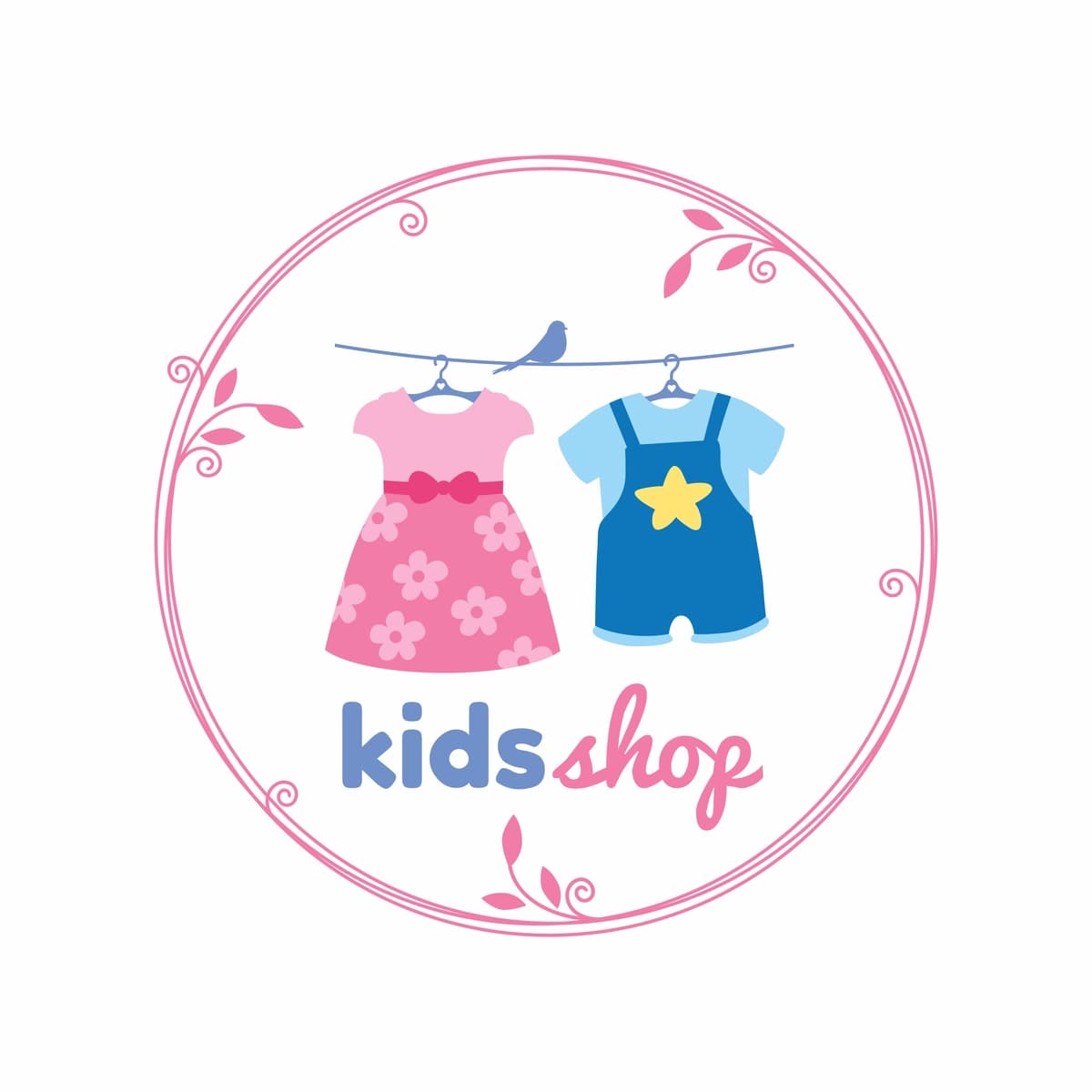 Bolalar do'konining doirasi osilgan bolalar kiyimlari logotipi dizayni | Kids shop circle hanging child clothes logo design