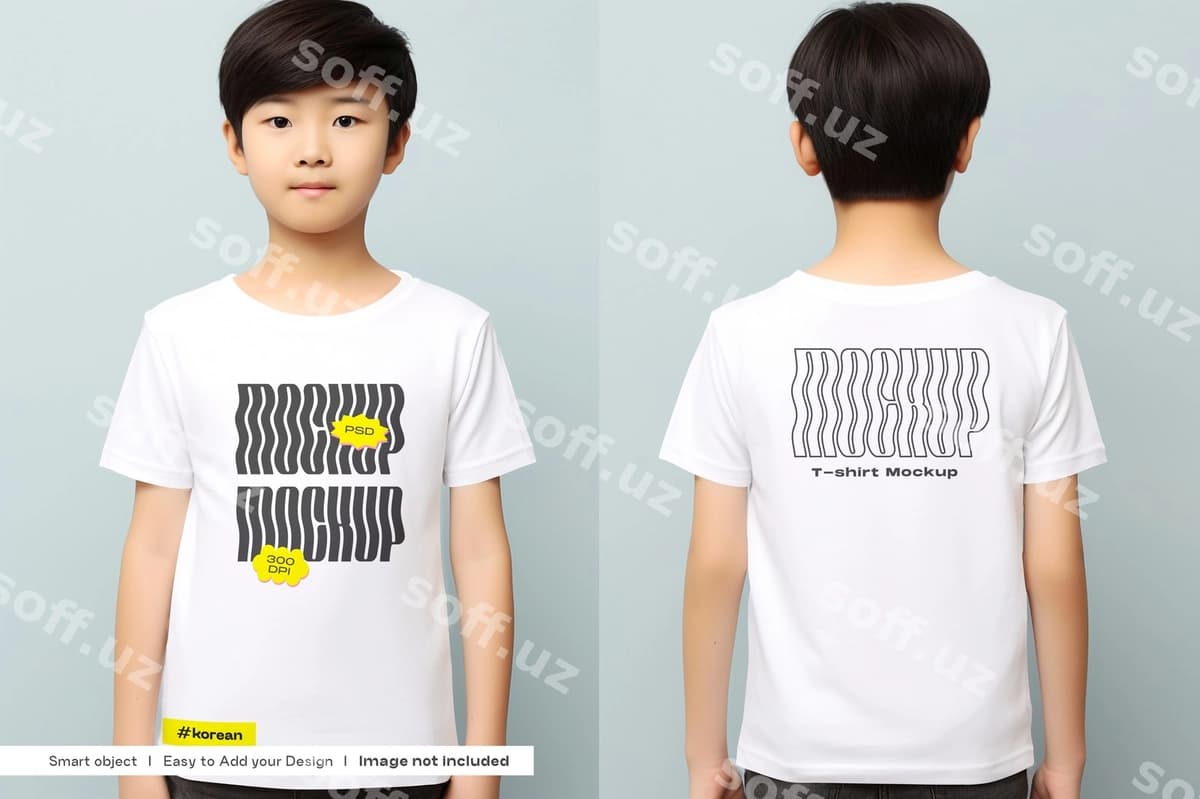 Koreyslik bolalar futbolka mockup oldi orqa ko'rinishi | Korean boy tshirt mockup front back view