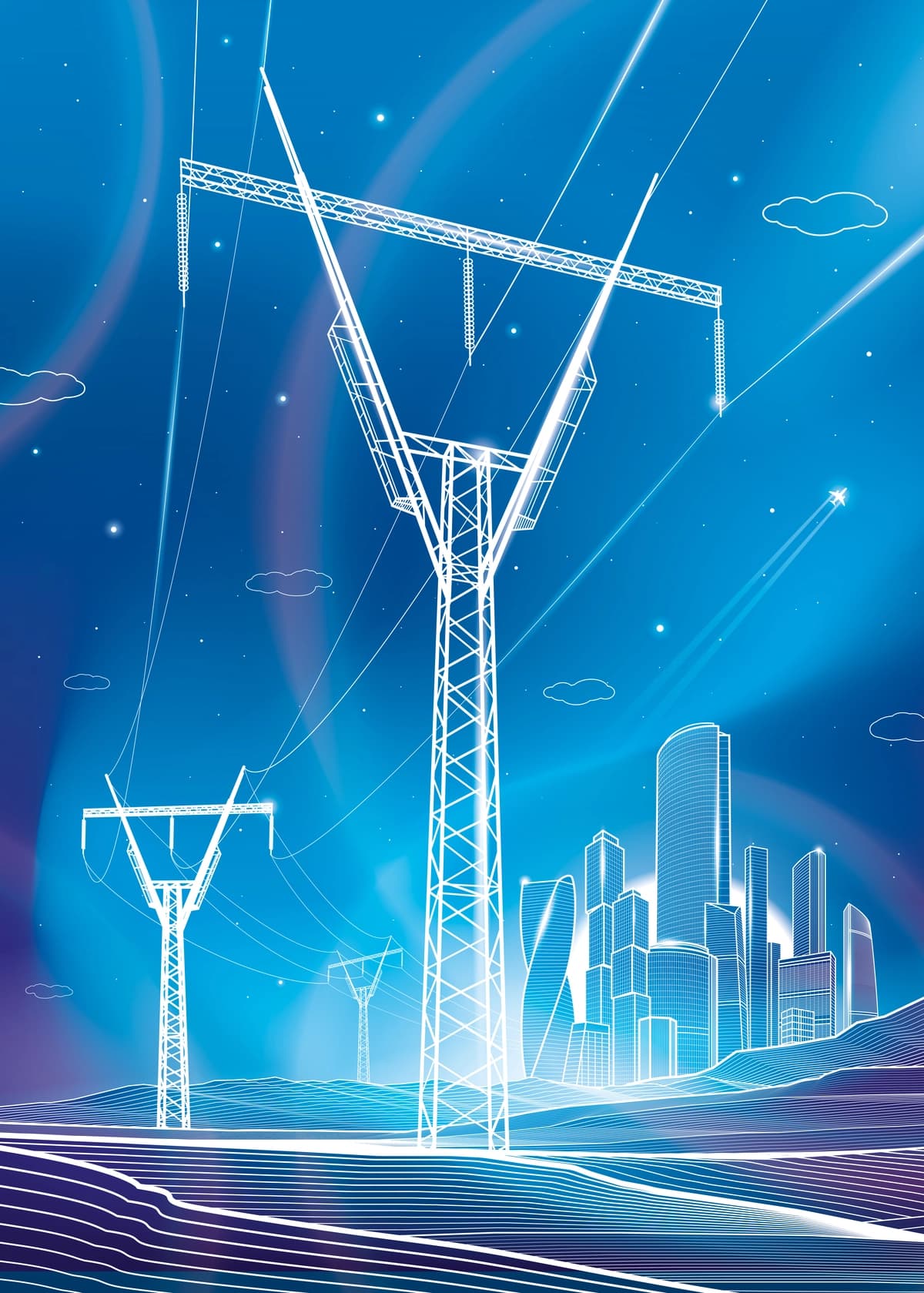 Yuqori kuchlanishli uzatish tizimlari elektr tarmoqlari tungi yoritish | High voltage transmission systems power lines night illumination