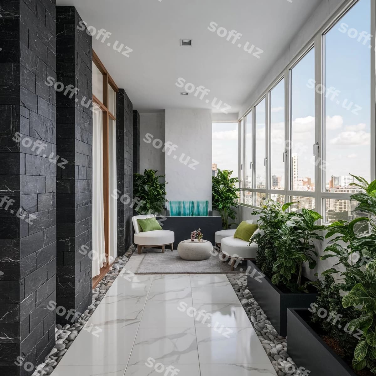 Mehmonxona gul qazonli rivoj bilan | Living room with plant potted plant