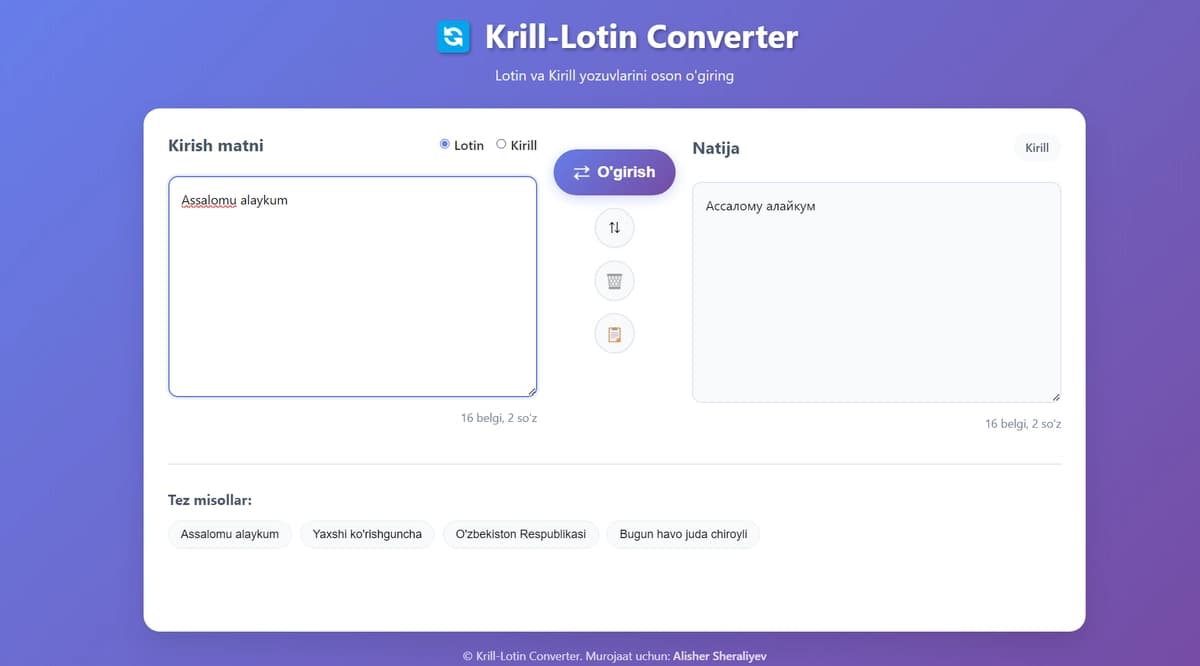 Lotindan krillga krildan lotinga o'zgartirib beruvchi dastur