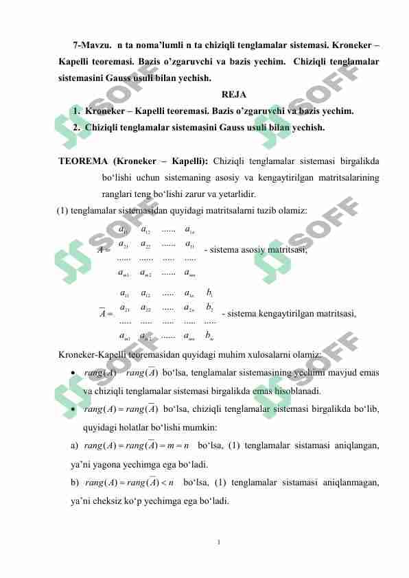 n ta noma’lumli n ta chiziqli tenglamalar sistemasi. Kroneker – Kapelli teoremasi. Bazis o’zgaruvchi va bazis yechim. Chiziqli tenglamalar sistemasini Gauss usuli bilan yechish.