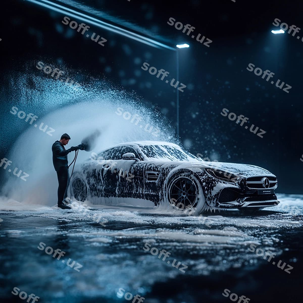 Erkak mashina yuvadi bosimli suv bilan | Man washing car with pressure water