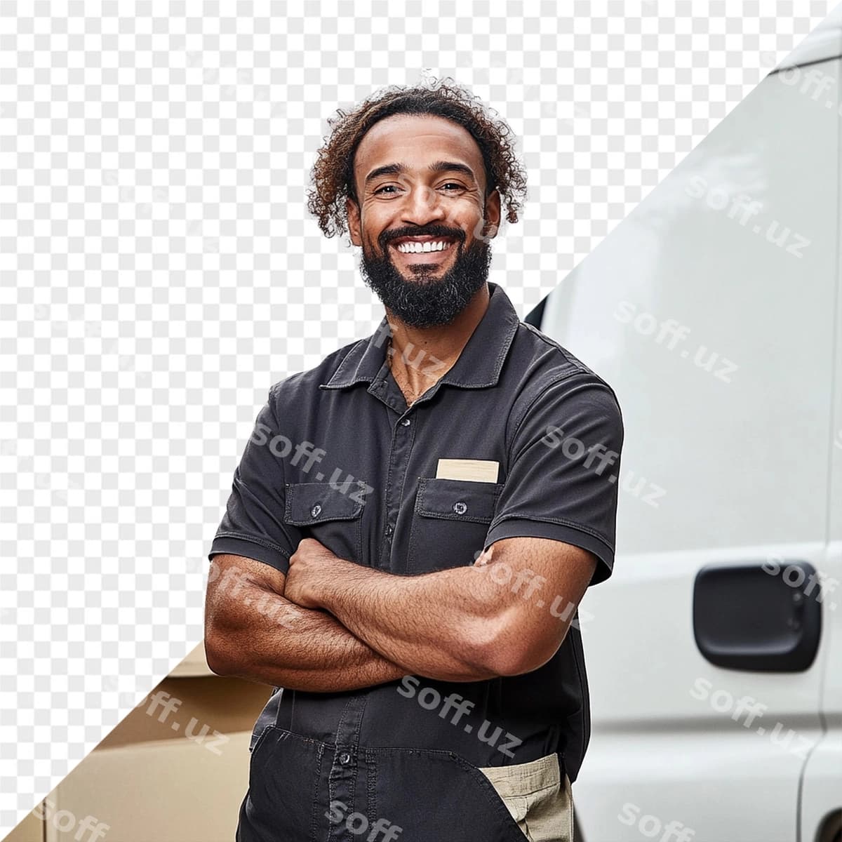 Qo'llarini chalishtirgan oq mikroavtobusli odam | Man with his arms crossed front white van
