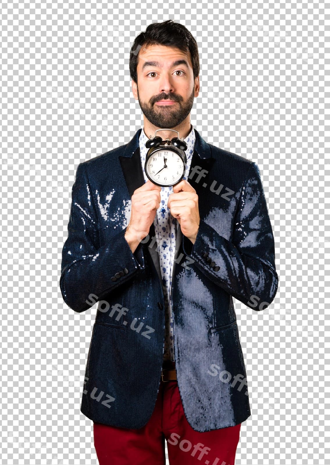 Erkak jaket kiygan va vintaj soatni tutgan | Man with jacket holding vintage clock