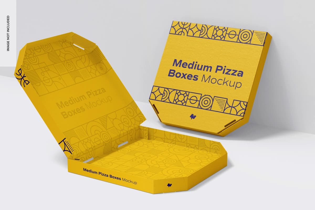 Oʻrtacha pizza qutisi maketi istiqbolli koʻrinishi | Medium pizza box mockup perspective view